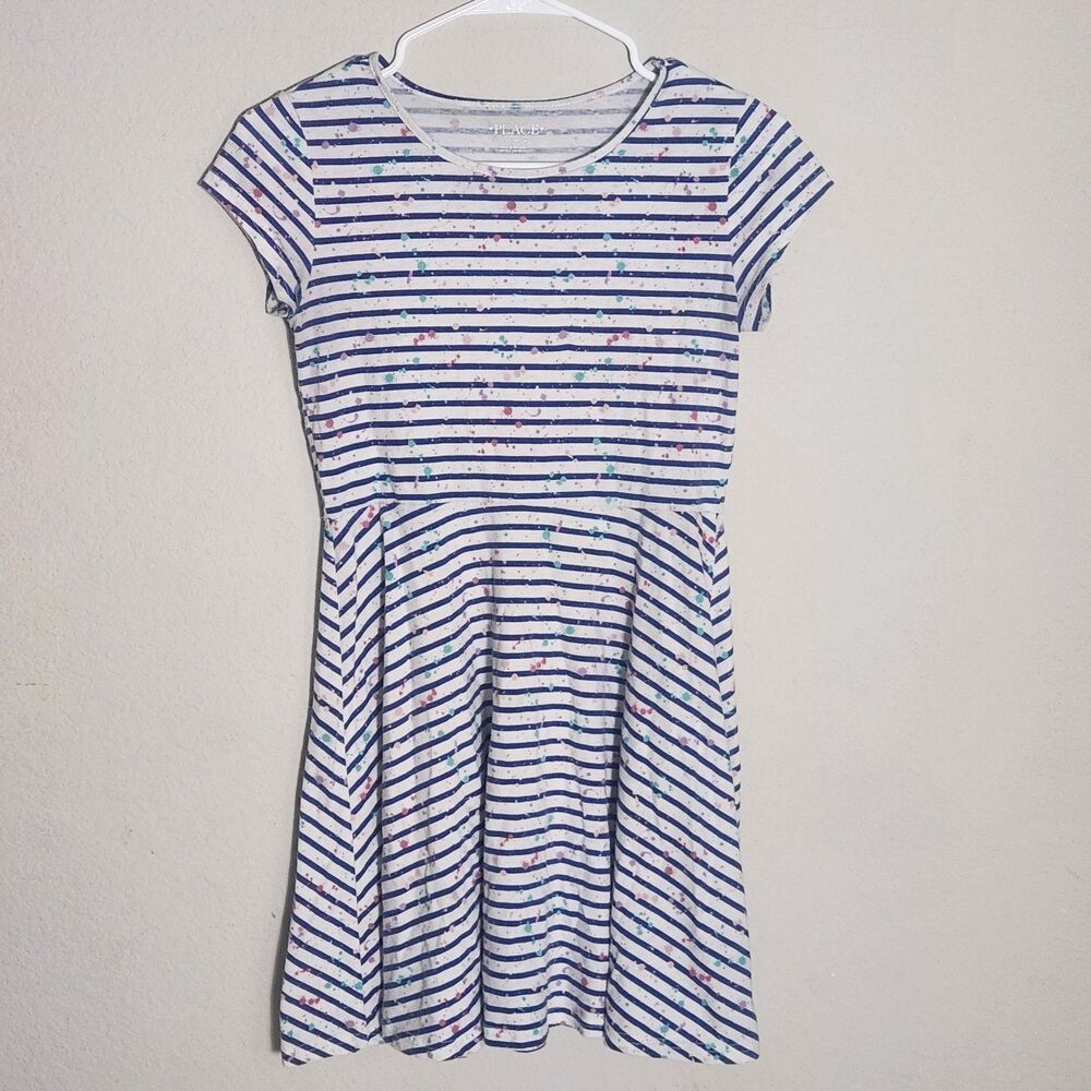 Place Girls Skater Dress XL 14 White Blue Striped Paint Splatter Casual Dress